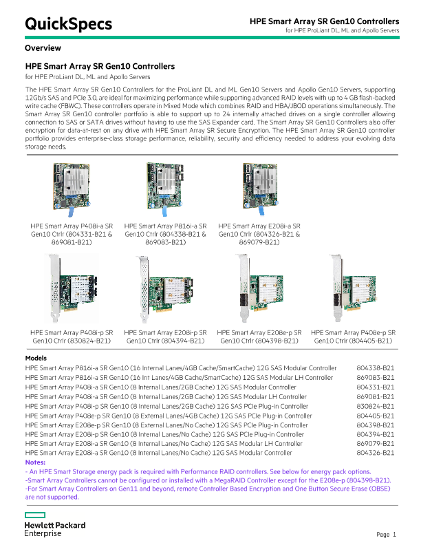 HPE Smart Array SR Gen10 Controllers for HPE ProLiant DL, ML and Apollo Servers QuickSpecs thumbnail