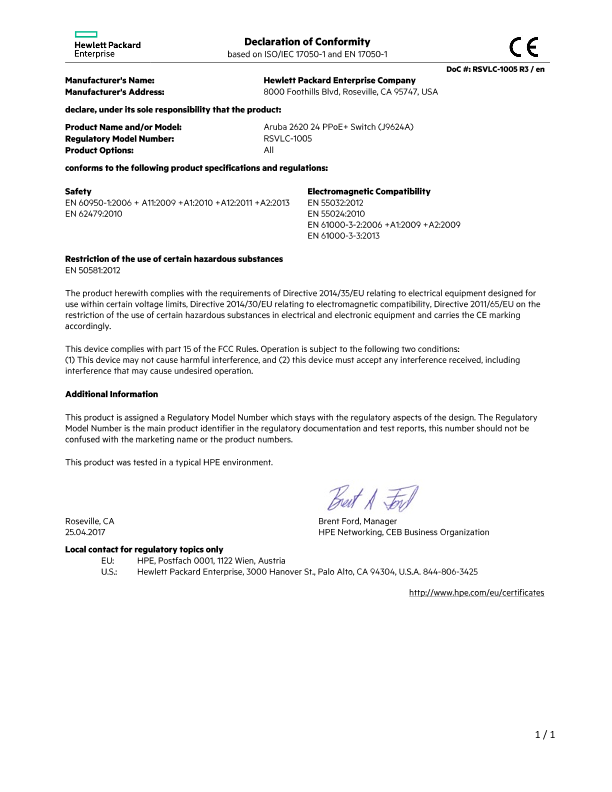 HPE Aruba Networking 2620 24 PPoE+ Switch #EUDoC RSVLC-1005 thumbnail