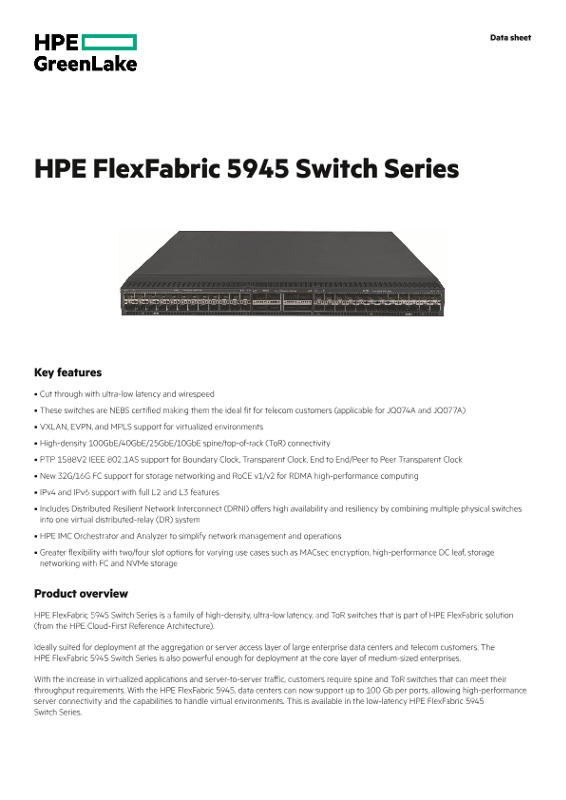 HPE FlexFabric 5945 Switch Series data sheet thumbnail