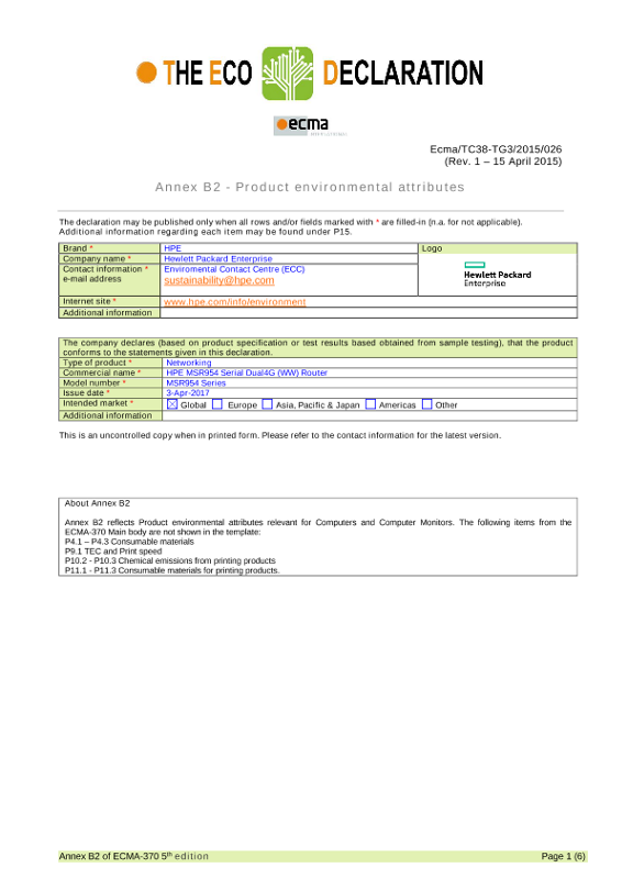 IT Eco declaration HPE MSR954 Serial Dual4G (WW) Router thumbnail