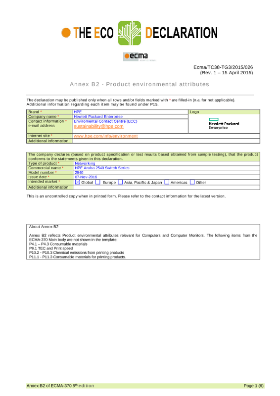 IT Eco declaration HPE Aruba Networking 2540 Switch Series thumbnail