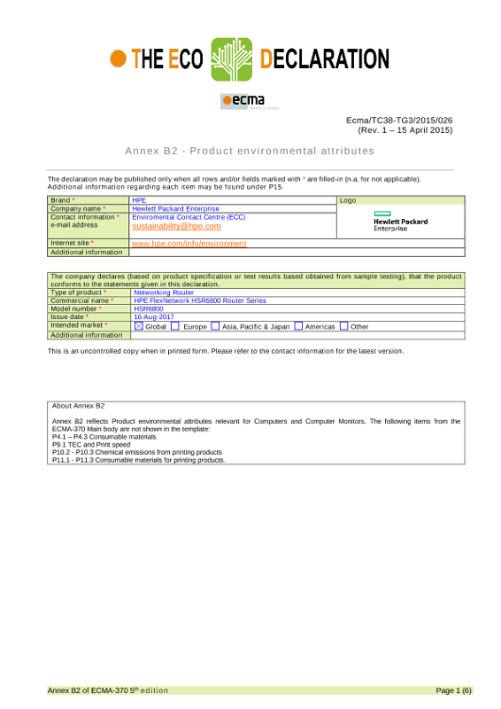 IT Eco declaration HPE FlexNetwork HSR6800 Router Series thumbnail