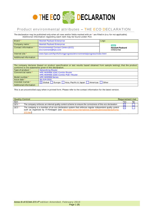 IT Eco Declaration HPE MSR958 1GbE Combo PoE+ Router thumbnail