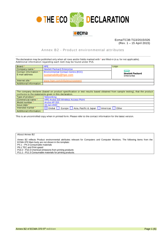 IT Eco Declaration HPE Aruba Networking 315 Wireless Access Point thumbnail