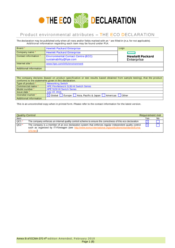 IT Eco Declaration HPE FlexNetwork 5130 HI Switch thumbnail