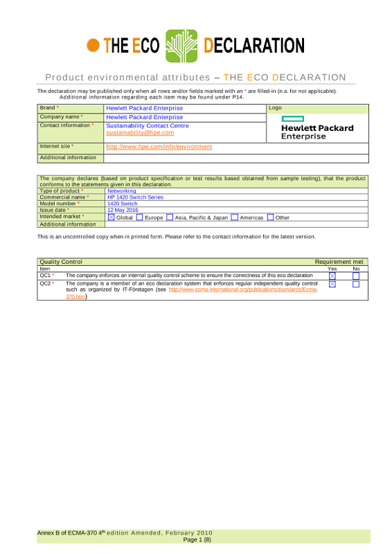 IT Eco Declaration HPE 1420 Switch Series thumbnail