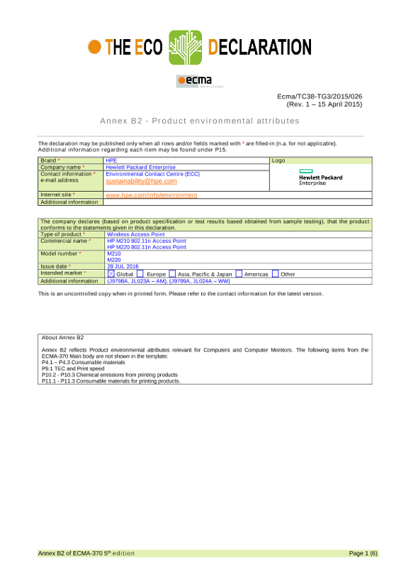 IT Eco declaration HPE M210 802.11n Access Point,HP M220 802.11n Access Point thumbnail