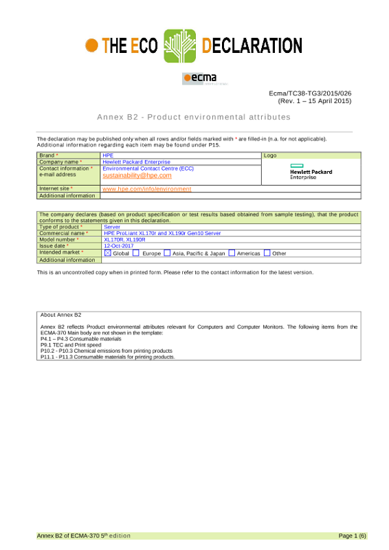 IT Eco declaration HPE ProLiant XL170r and XL190r Gen10 Server thumbnail