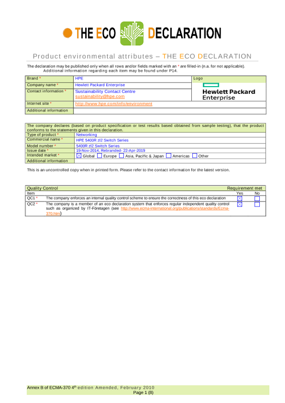 IT Eco declaration HPE 5400R zl2 Switch Series thumbnail