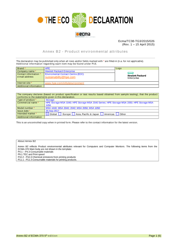 IT Eco declaration HPE Storage MSA 1040; HPE Storage MSA 2040 Series; HPE Storage MSA 2050; HPE Storage MSA 1050 thumbnail