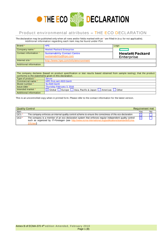 IT Eco declaration HPE ProLiant 4520 Gen9 thumbnail