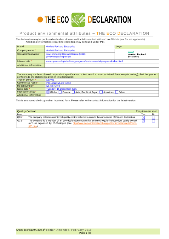 IT Eco declaration HPE ProLiant ML30 Gen9 thumbnail