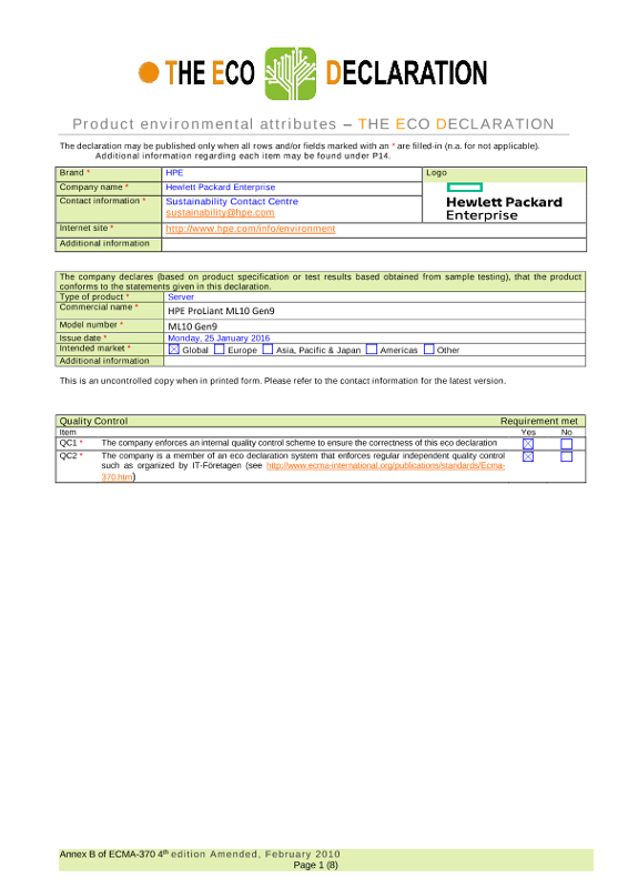 IT Eco declaration HPE ProLiant ML10 Gen9 thumbnail