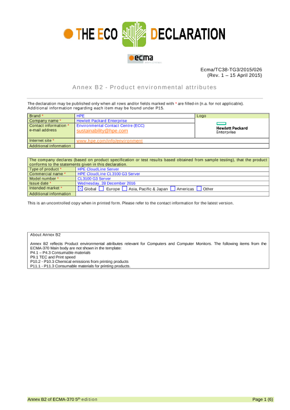 IT Eco declaration HPE CloudLine CL3100 G3 Server thumbnail