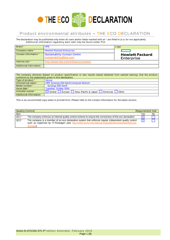 IT Eco declaration HPE Synergy 620 Gen9 Compute Module thumbnail