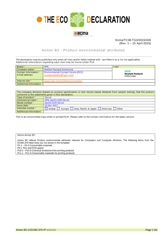 IT Eco declaration HPE Apollo kl20 Server thumbnail