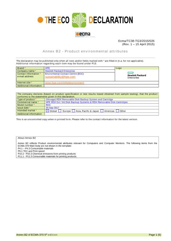 IT Eco declarationHPE RDX Ext / Int Disk Backup Systems & RDX Removable Disk Cartridges thumbnail