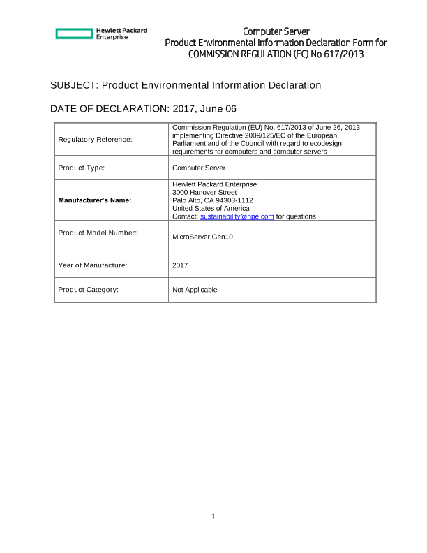 Computer Server Product Environmental Information Declaration Form for COMMISSION REGULATION (EC) No 617/2013 thumbnail