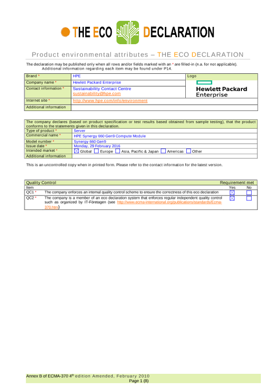 IT Eco declaration HPE Synergy 660 Gen9 Compute Module thumbnail