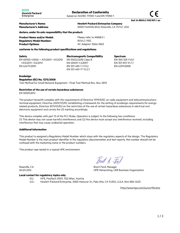 HPE M220 802.11n (AM/WW) Access Point (J9798A, J9799A) #EUDoC RSVLC-1103 thumbnail