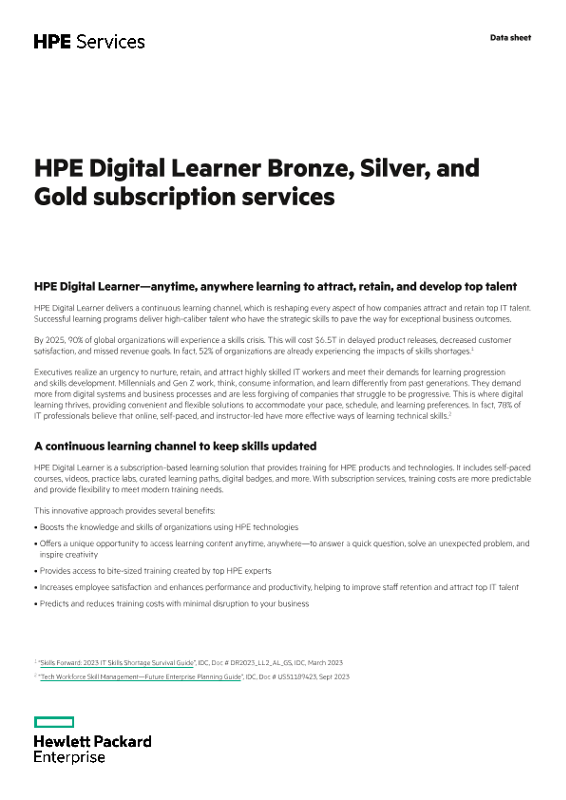 HPE Digital Learner – Bronze, Silver, Gold subscription services data sheet thumbnail