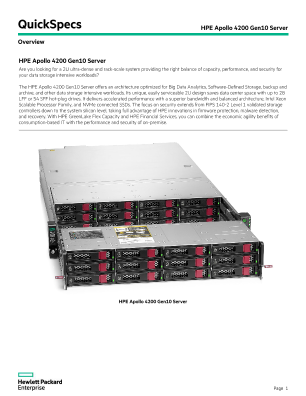 HPE Apollo 4200 Gen10 Server QuickSpecs thumbnail