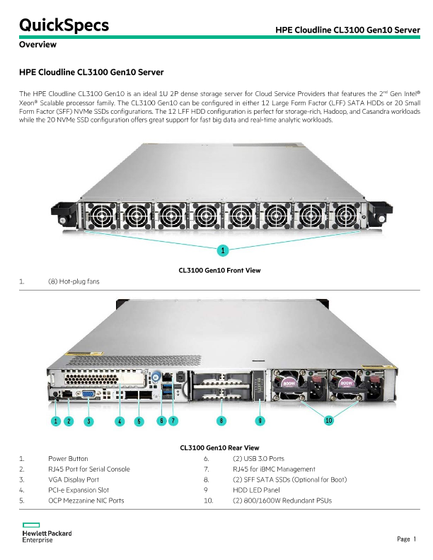 HPE Cloudline CL3100 Gen10 Server thumbnail