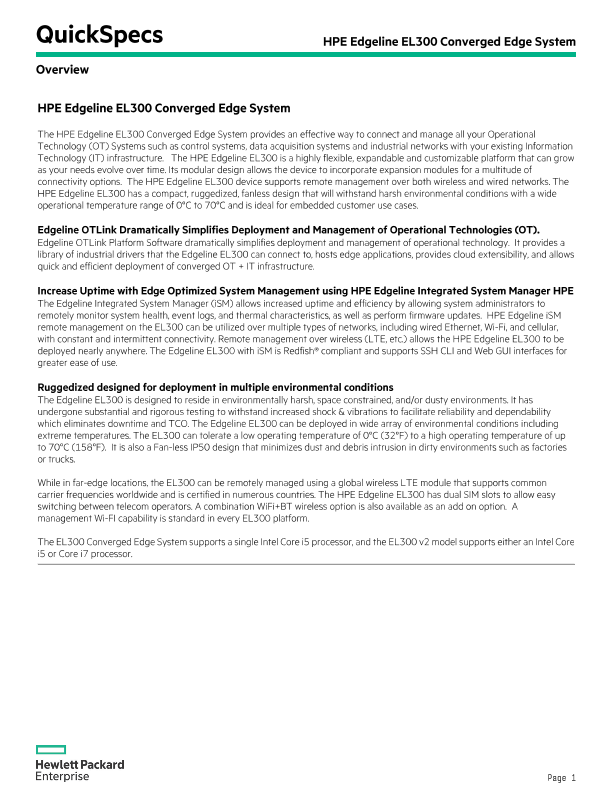 HPE Edgeline EL300 Converged Edge System thumbnail