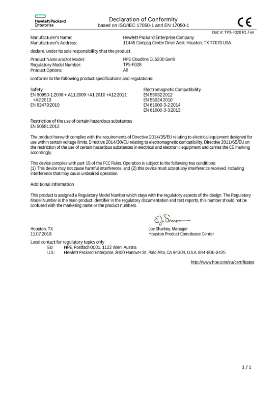 HPE Cloudline CL5200 Gen9 Server #EUDoC TPS-F028 thumbnail