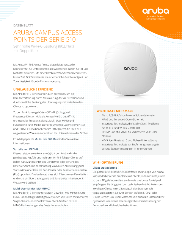 HPE Aruba Networking 510 Series Campus Access Points – Datenblatt thumbnail