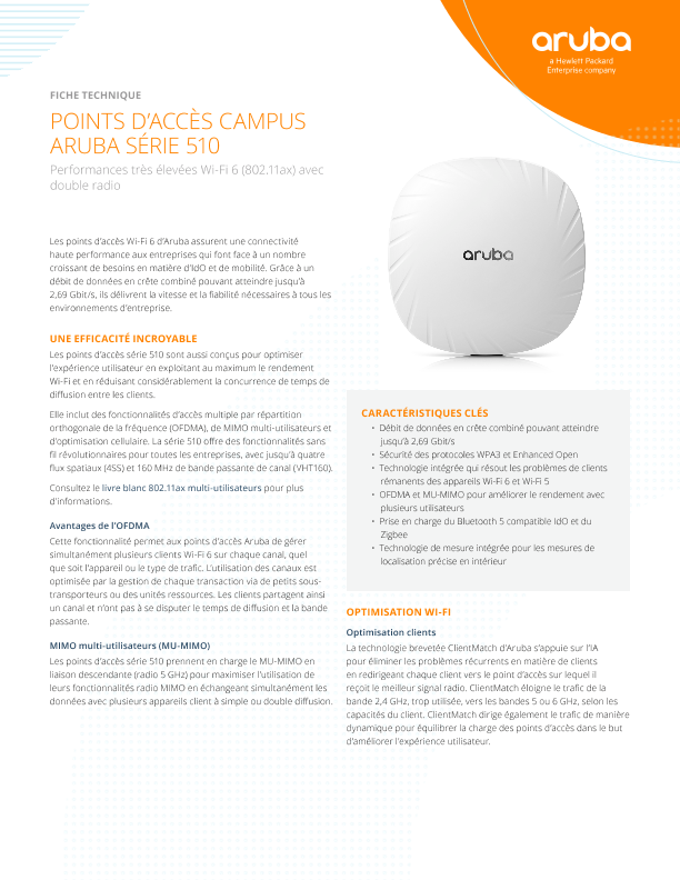 Fiche technique des points d’accès campus HPE Aruba Networking série 510 thumbnail