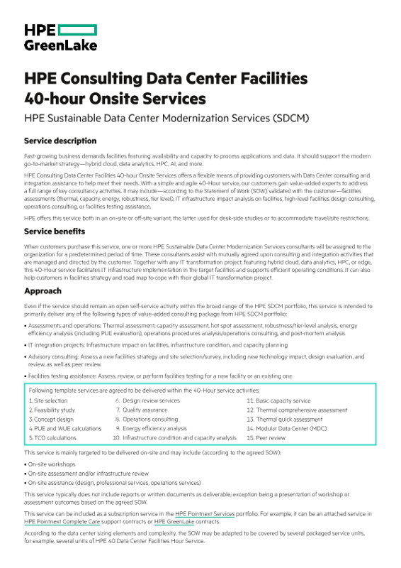 HPE Consulting Data Center Facilities 40-hour Onsite Services thumbnail