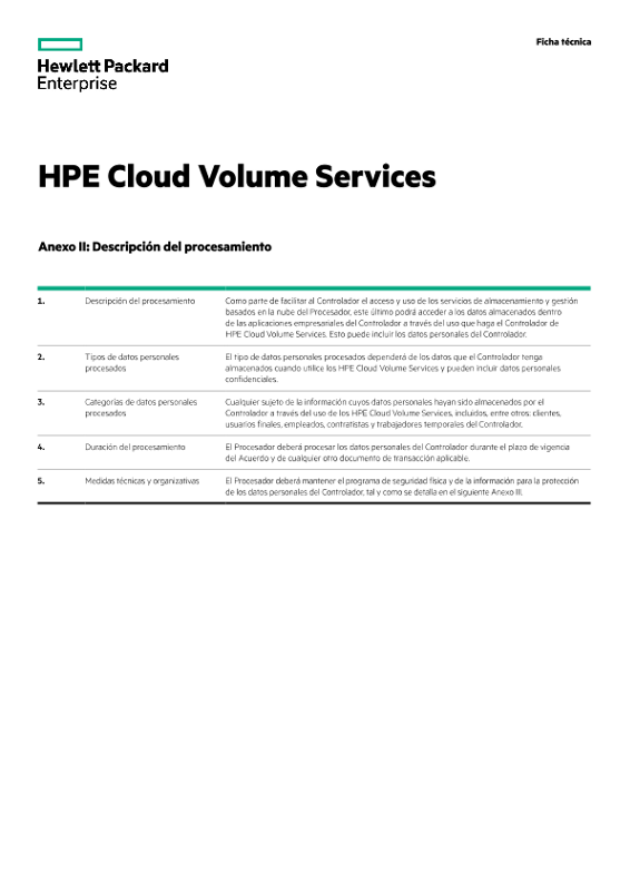 HPE Data Privacy and Security Agreement Schedule with HPE Cloud Volumes Services (“Services”) legal data sheet thumbnail