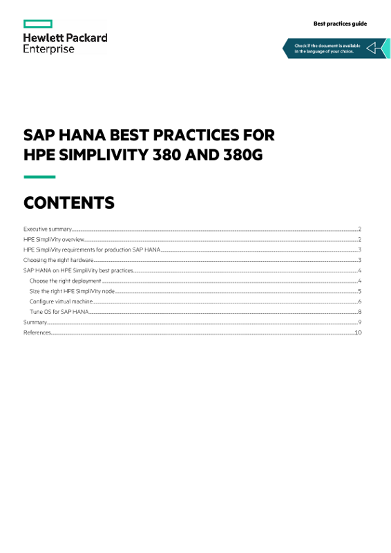 SAP HANA best practices for HPE SimpliVity 380 and 380G best practices guide thumbnail