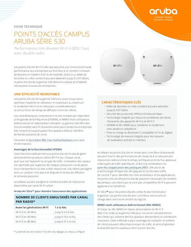 Fiche technique des points d’accès campus HPE Aruba Networking série 530 thumbnail