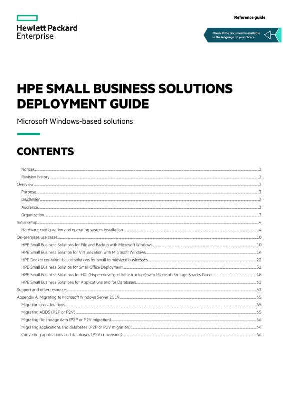 HPE Small Business Solutions Deployment Guide – Microsoft Windows-based solutions reference guide thumbnail