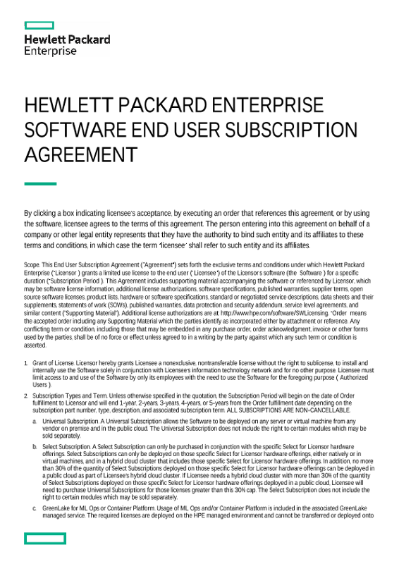 Hewlett Packard Enterprise Software end user subscription agreement thumbnail