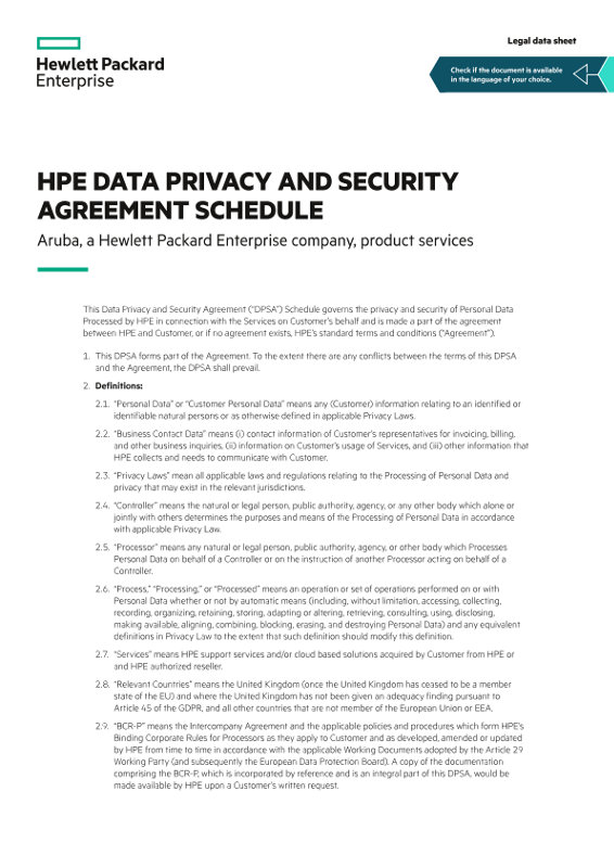 HPE Data Privacy And Security Agreement Schedule – Aruba, A Hewlett ...