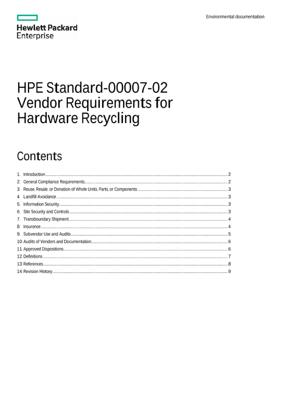 HPE Standard-00007-02 Vendor Requirements for Hardware Recycling environmental documentation thumbnail
