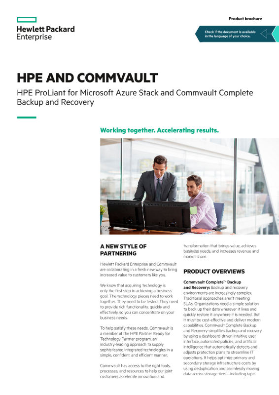 HPE and Commvault – HPE ProLiant for Microsoft Azure Stack and Commvault Complete Backup and Recovery product brochure thumbnail