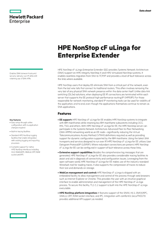HPE NonStop cF uLinga for Enterprise Extender data sheet thumbnail