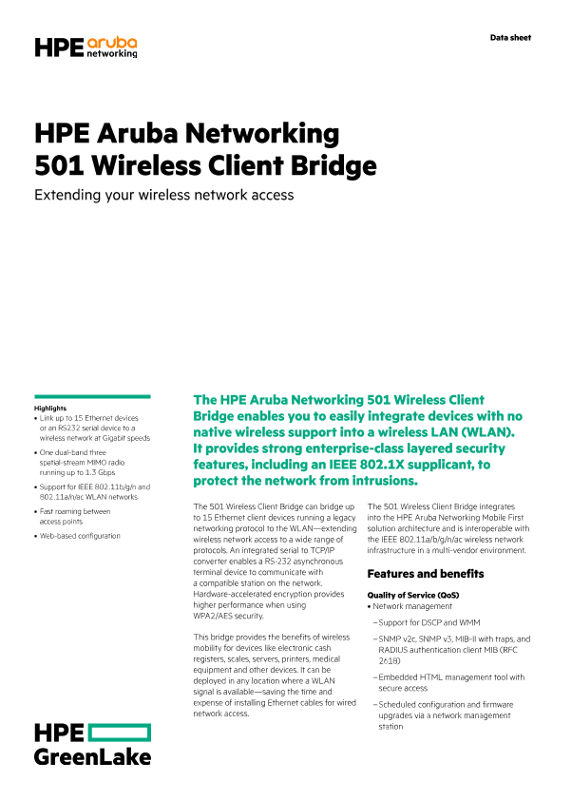 HPE Aruba Networking 501 Wireless Bridge Datasheet thumbnail