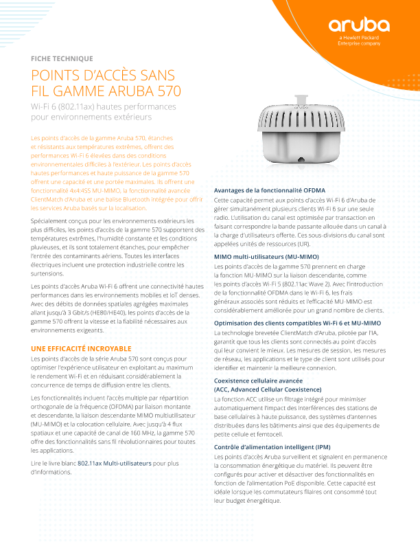 Fiche technique des points d’accès extérieurs de la gamme HPE Aruba Networking 570 thumbnail