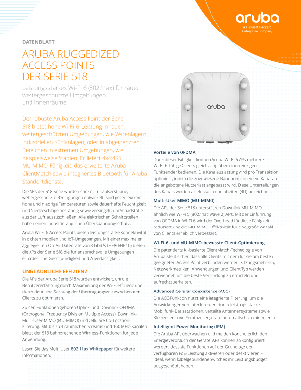 HPE Aruba Networking 518 Serie Ruggedized Access Points – Datenblatt thumbnail