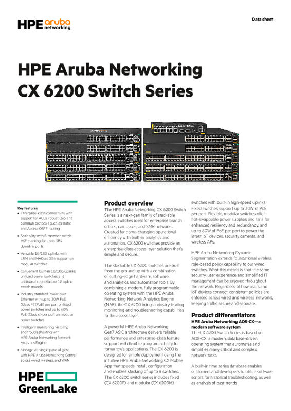 HPE Aruba Networking CX 6200 Switch Series thumbnail