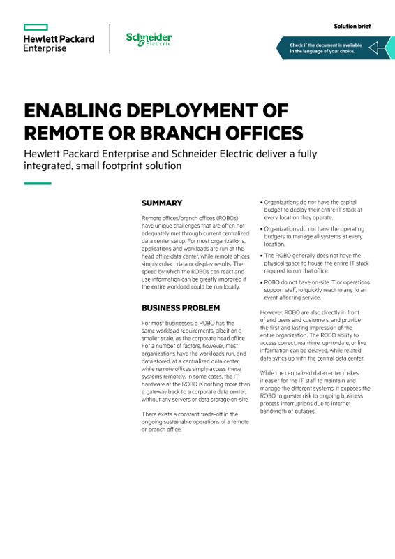 Enabling deployment of remote or branch offices – Hewlett Packard Enterprise and Schneider Electric deliver a fully integrated, small footprint solution solution brief thumbnail