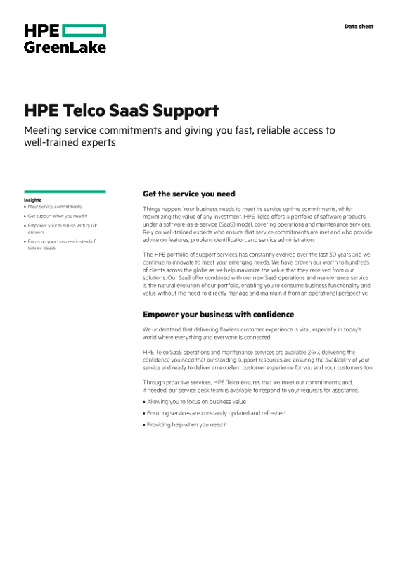 HPE Telco SaaS Support data sheet thumbnail