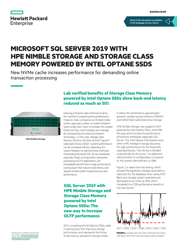 Microsoft SQL Server 2019 with HPE Nimble Storage and Storage Class Memory powered by Intel Optane SSDs solution brief thumbnail
