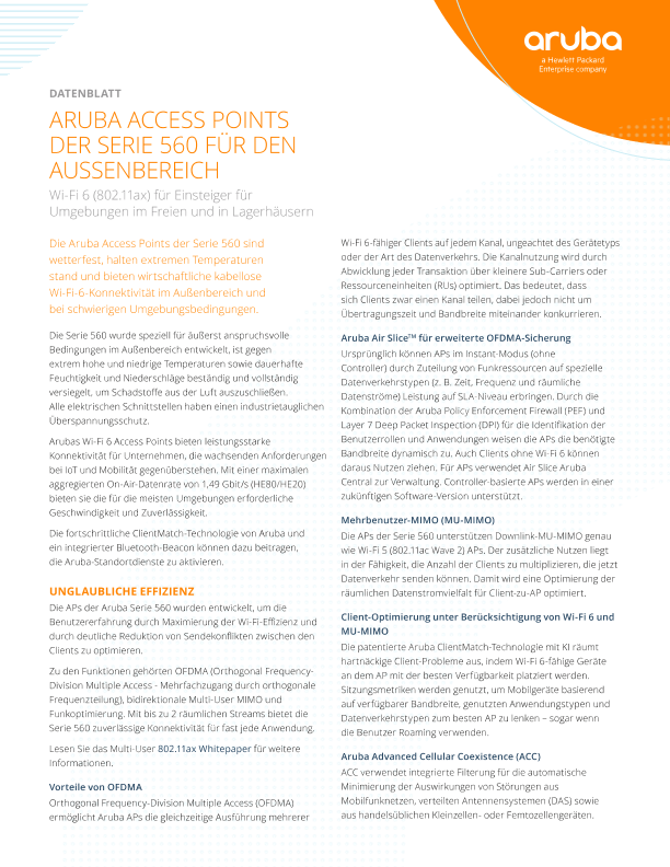 HPE Aruba Networking Access Points der Serie 560 für den Außenbereich - Datenblatt thumbnail