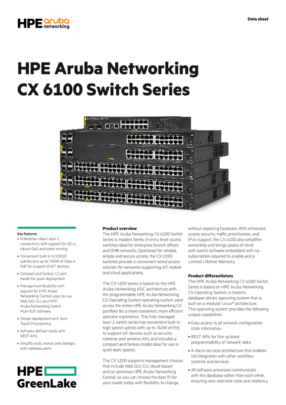 HPE Aruba Networking CX 6100 Switch Series thumbnail